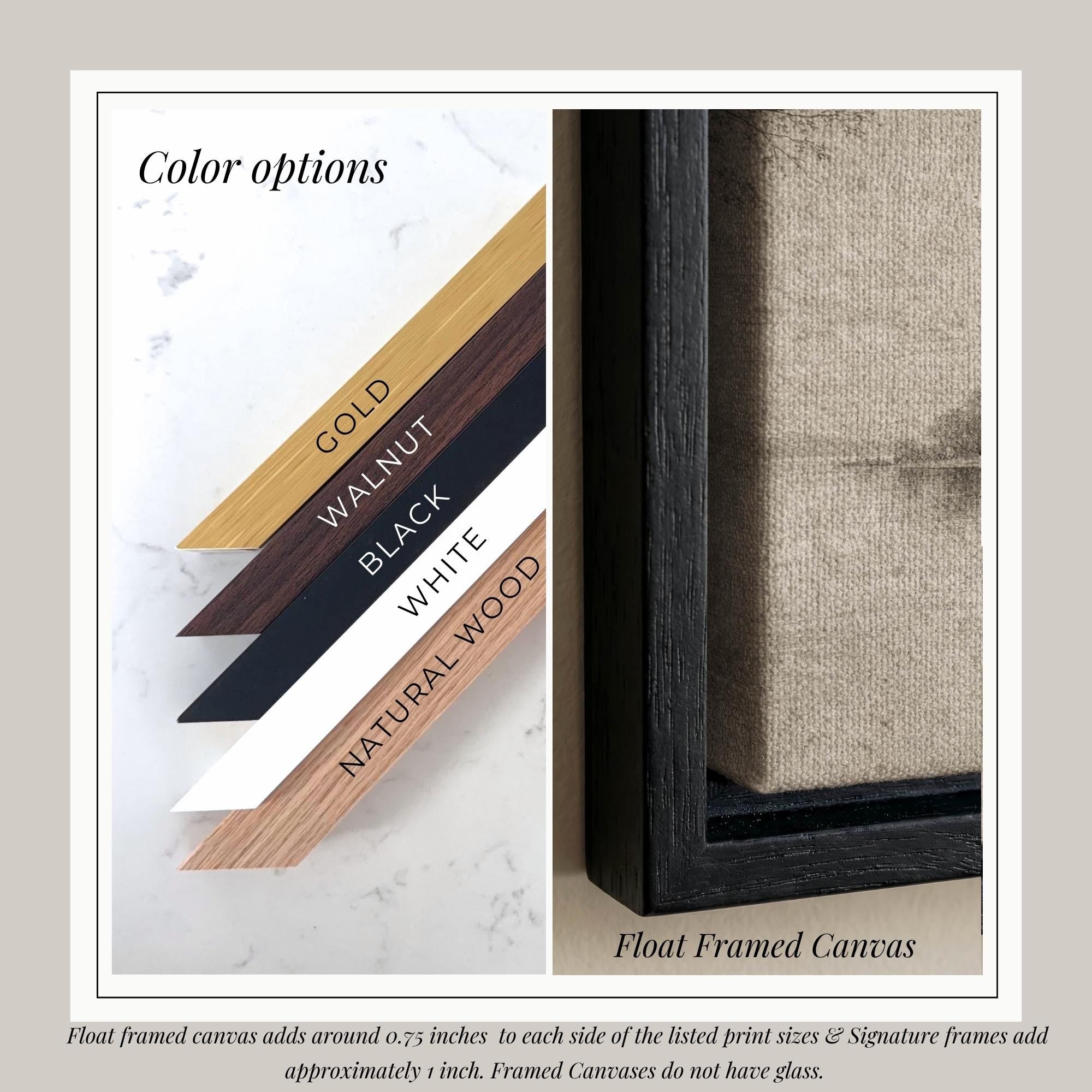 a collection of different colored wooden slats and a black framed canvas, with a text box providing color options and a description of the items.