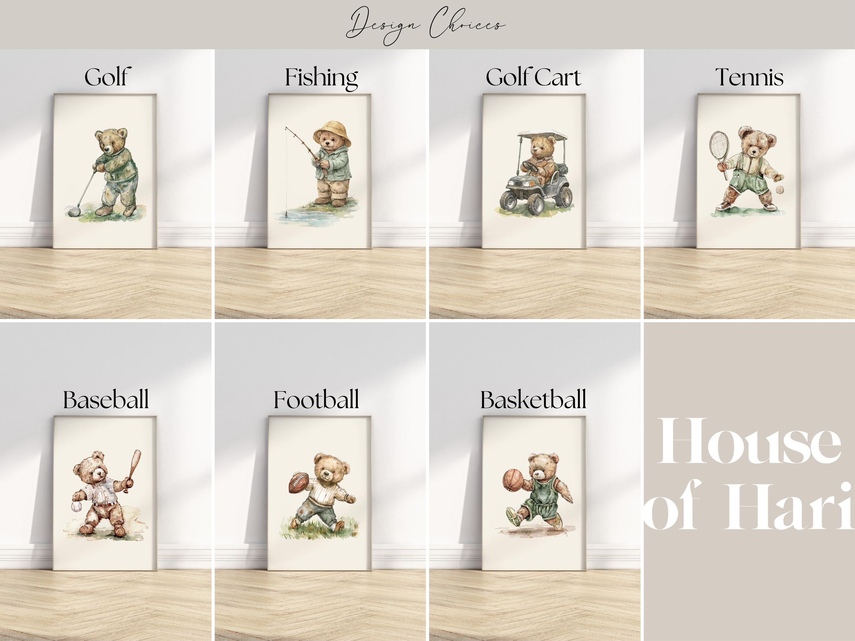 The image is a collage of six framed pictures depicting teddy bears engaged in various sports activities, including golf, fishing, golf cart, tennis, baseball, and football.
