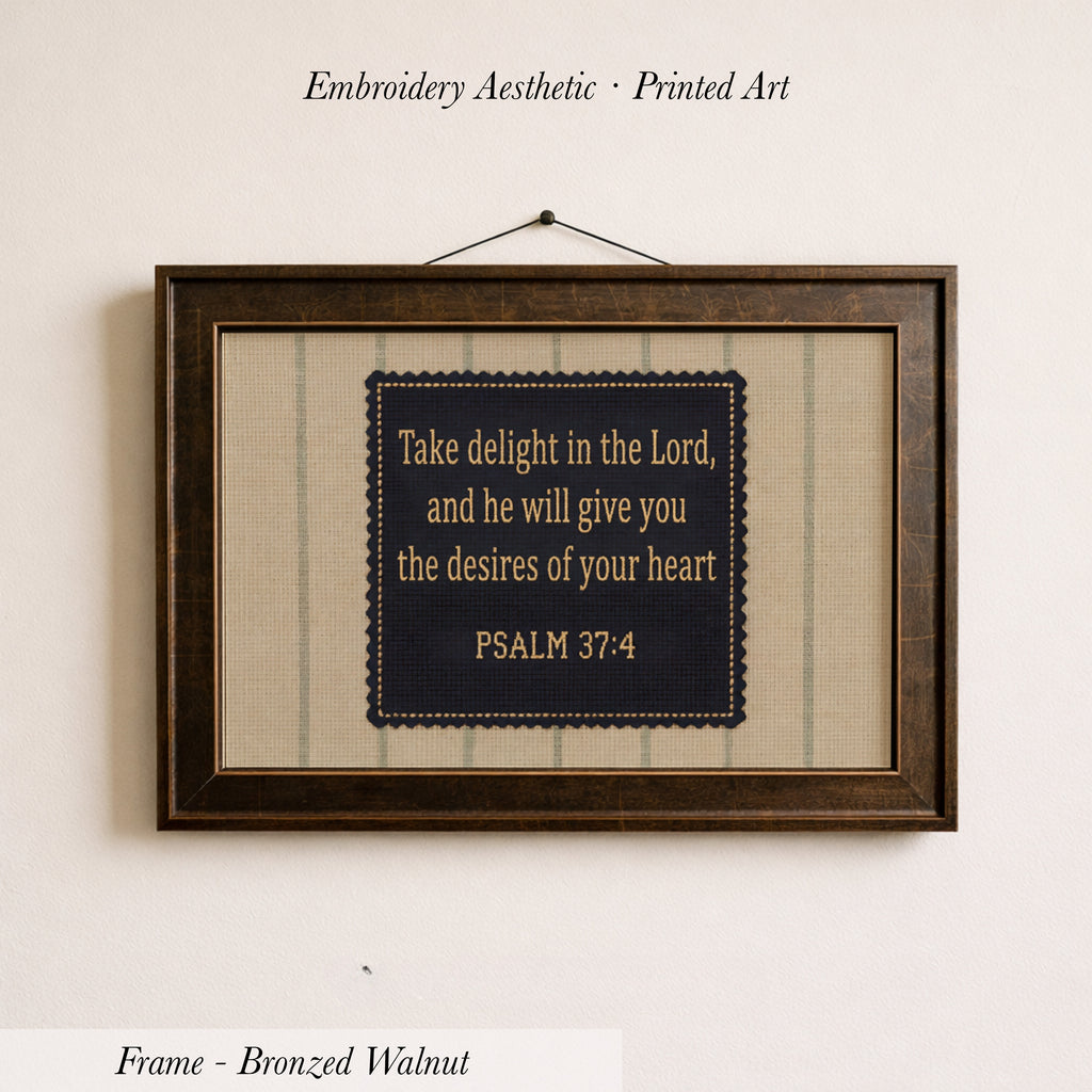a framed embroidered piece of art with a Bible verse from Psalm 37:4.