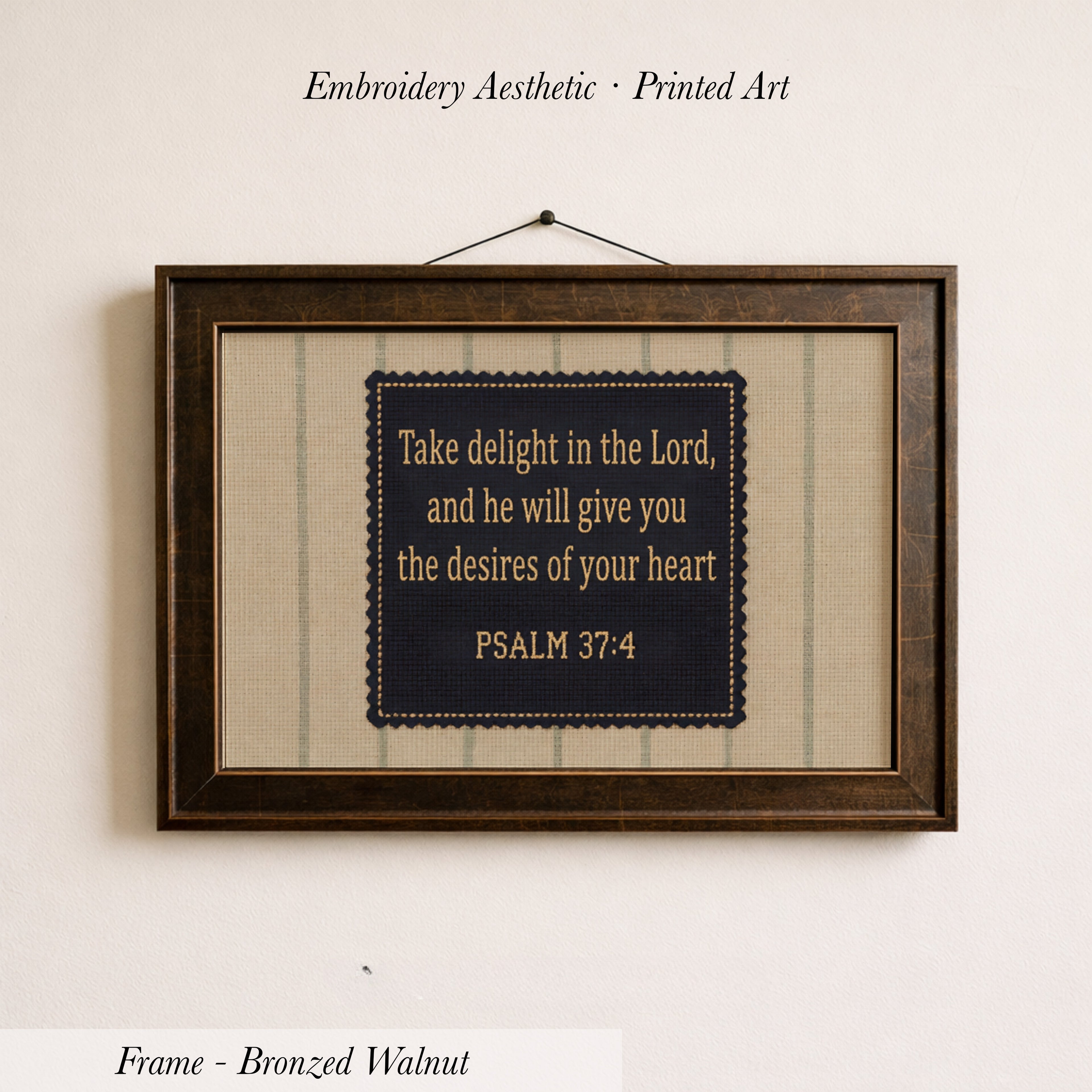 a framed embroidered piece of art with a Bible verse from Psalm 37:4.