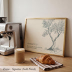 a framed illustration of a tree with a caption that reads " Jeremiah 17:7 N. Blessings are the ones who trust in the Lord, who have confidence in Him". The image also includes a croissant and a cup of coffee on a wooden surface.