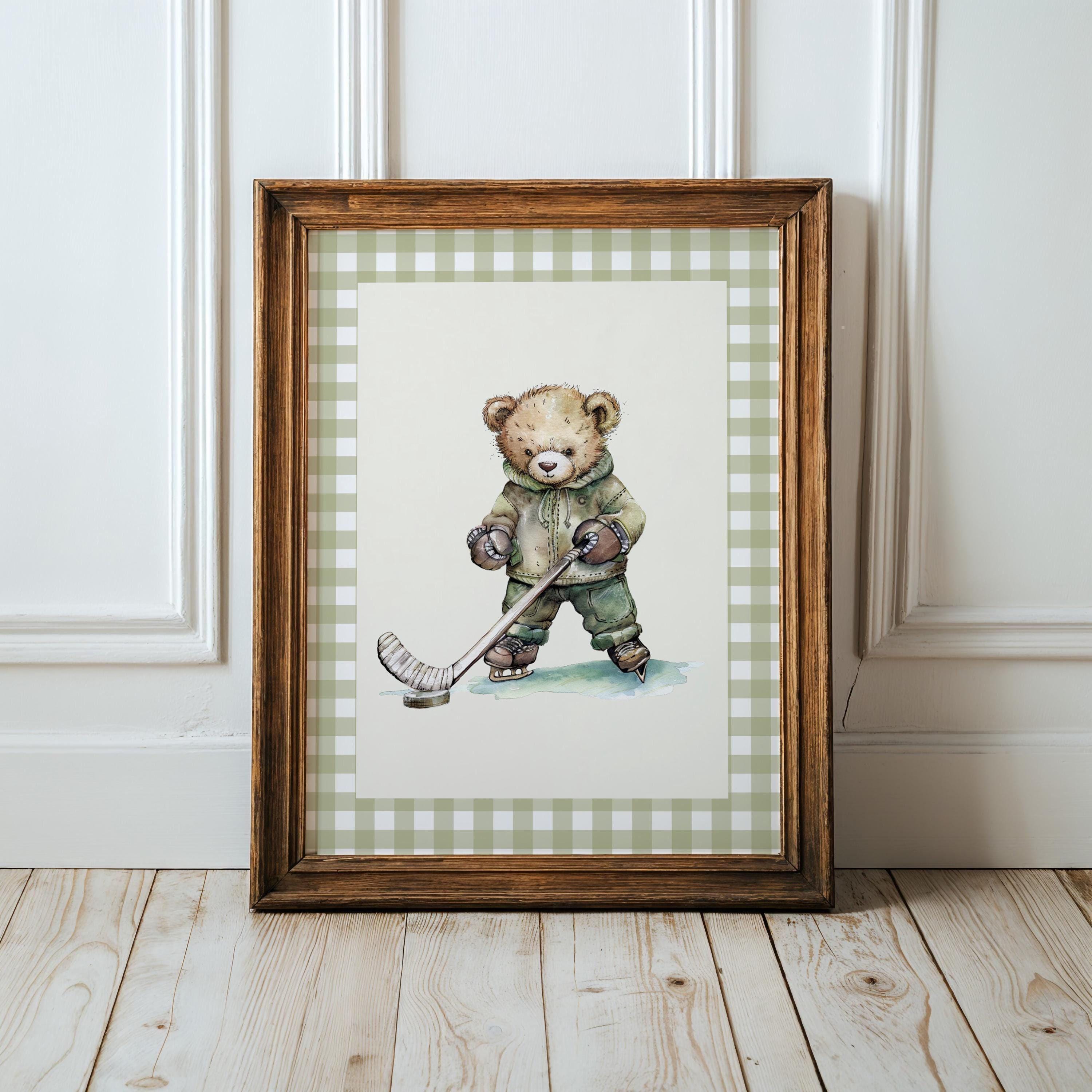 Vintage Teddy Bear Ice Hockey Gingham Wall Art, Watercolor Illustration of Bear in Hockey Gear,Retro Decor for Kids Room,Nursery,Sports Fans
