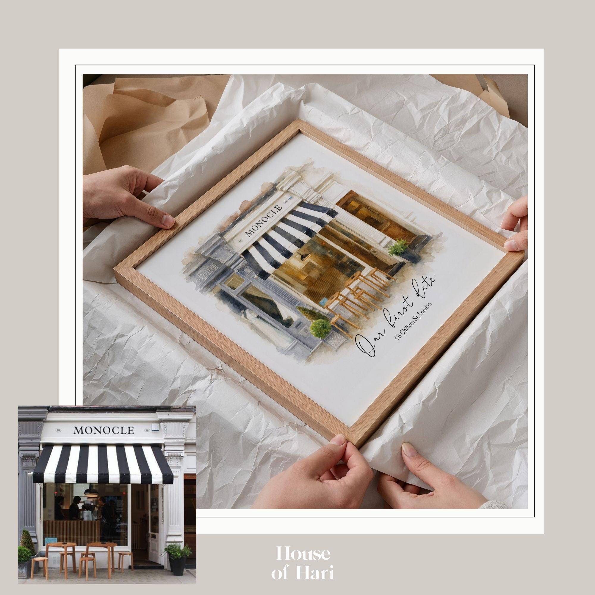 Our First Date Venue Portrait - Custom Watercolor Couple Drawing | 2229