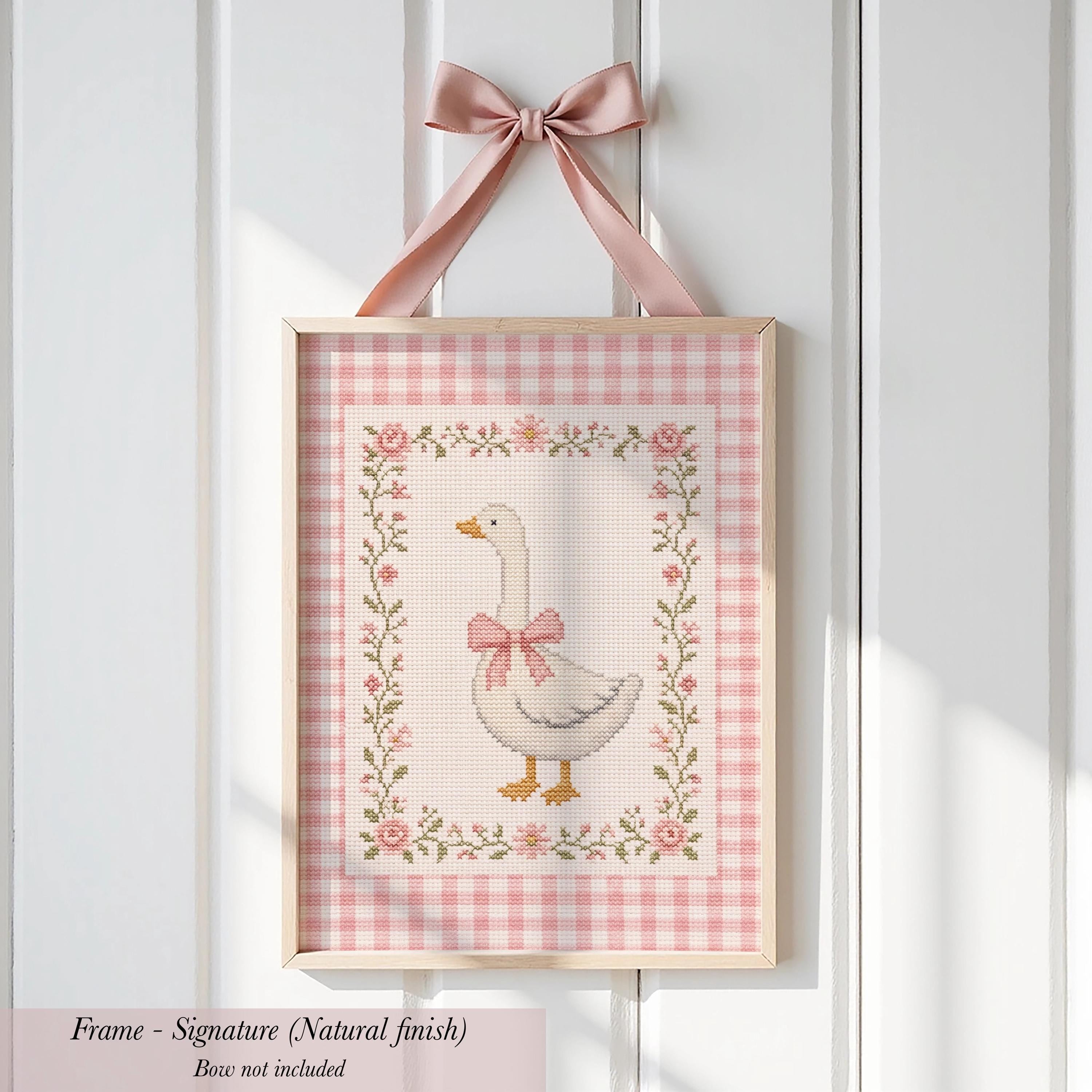 Pink Gingham Cross Stitch Goose Print ∙ Vintage Girl Room Art ∙ 2167
