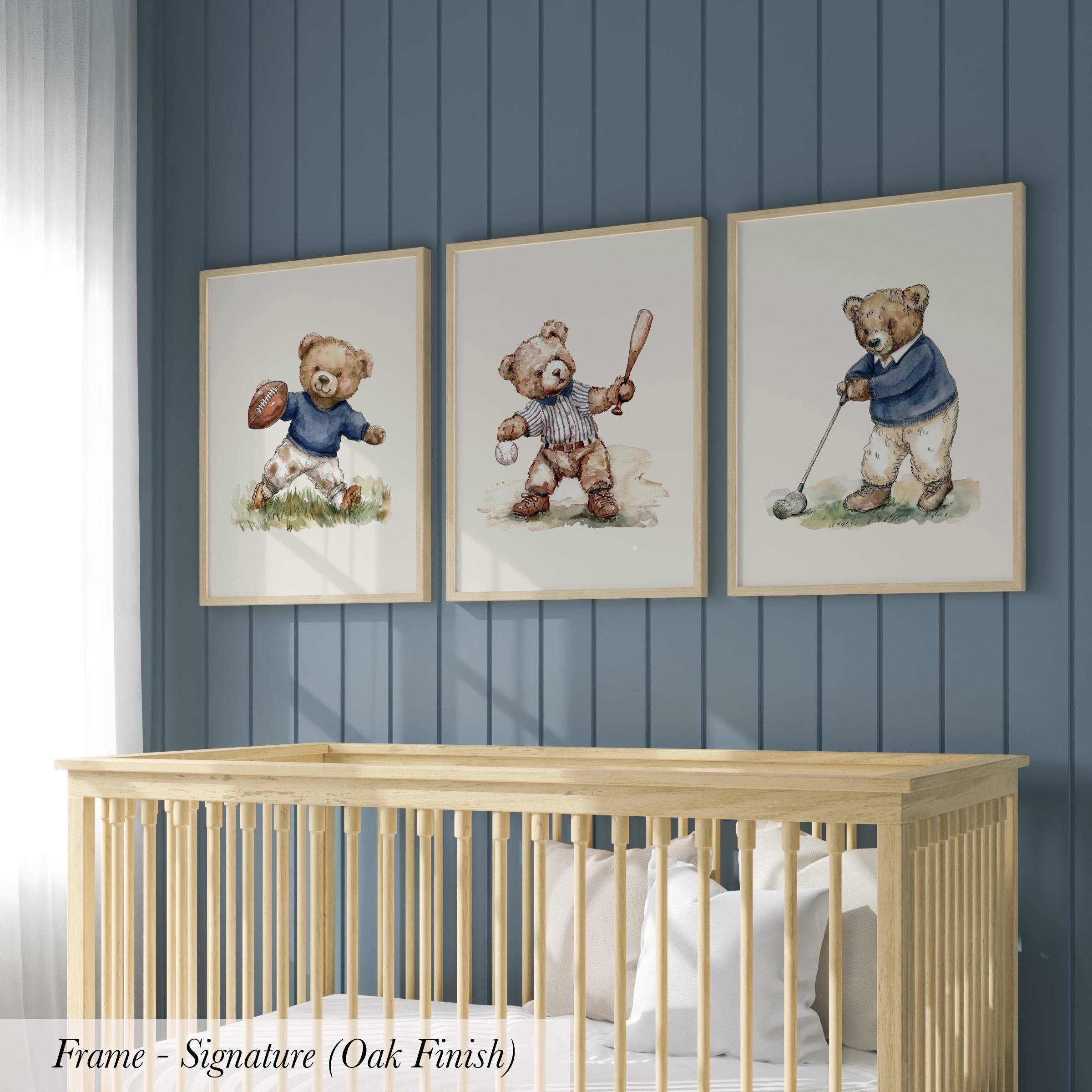 Vintage Sports Set of 3 Teddy Bear Prints in Navy Blue | 1898