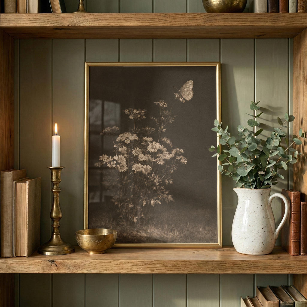 a wooden bookshelf with a framed picture of flowers, a lit candle, a white vase with greenery, and several books arranged on the shelves.