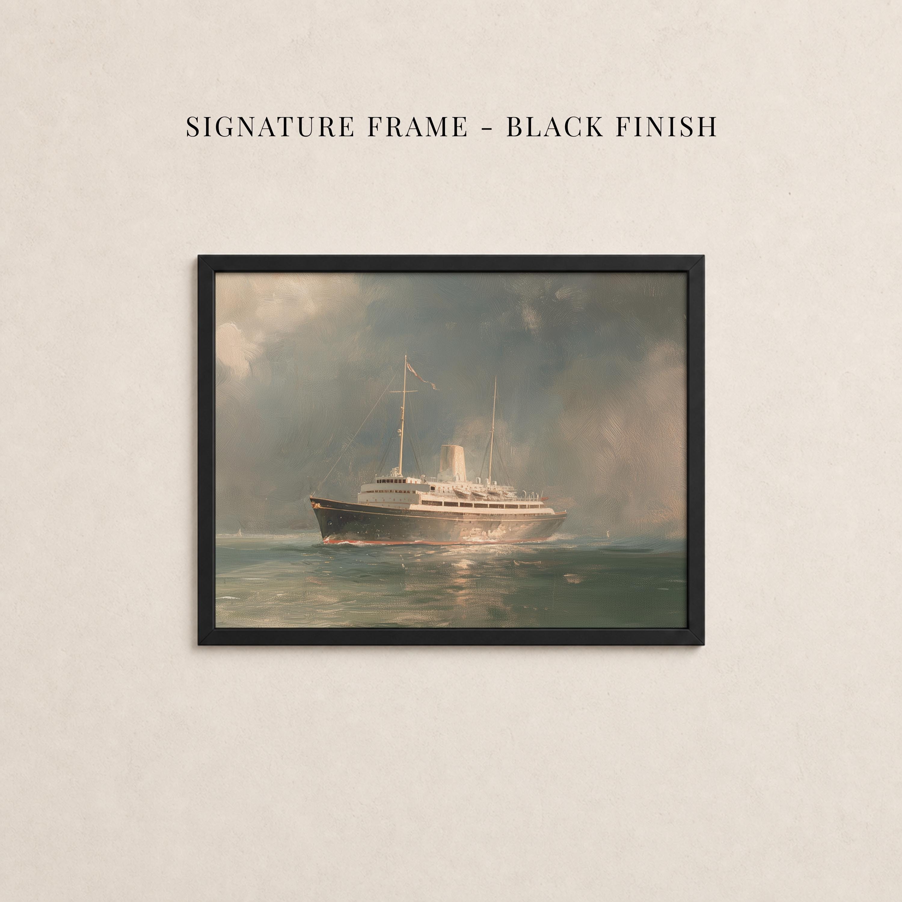 The image is a framed painting depicting a large ship sailing on the water.