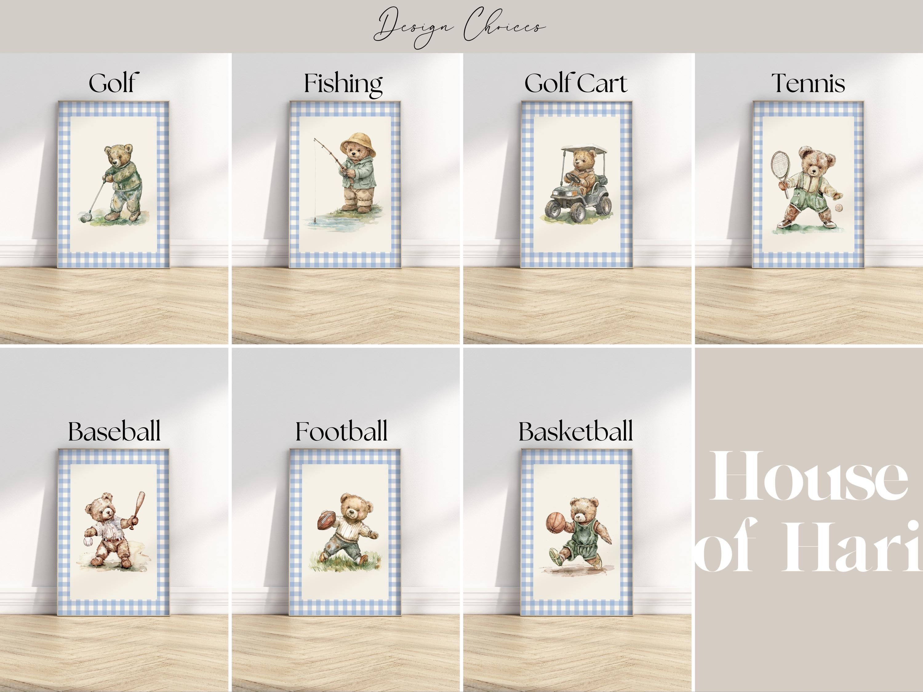 The image is a collage of eight framed illustrations depicting various sports activities, including golf, fishing, golf cart, tennis, baseball, football, and basketball.