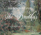 The image is a poster for an event called "The Ton Font Pair" featuring the word "The Drubkas" in a cursive font. The poster is set against a background of a painting depicting a forest scene.