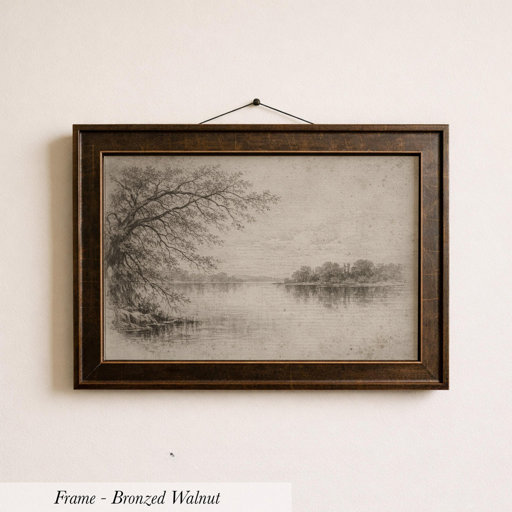 A framed painting of a tree on a lake, depicting a serene landscape.