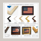 The image is a collage of various framed and float framed artworks, showcasing different color finishes, wood types, and print sizes.