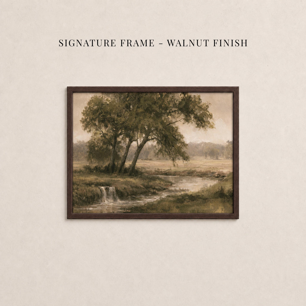 The image is a framed painting depicting a serene landscape with a tree, a stream, and a grassy field.