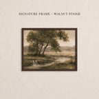 The image is a framed painting depicting a serene landscape with a tree, a stream, and a grassy field.