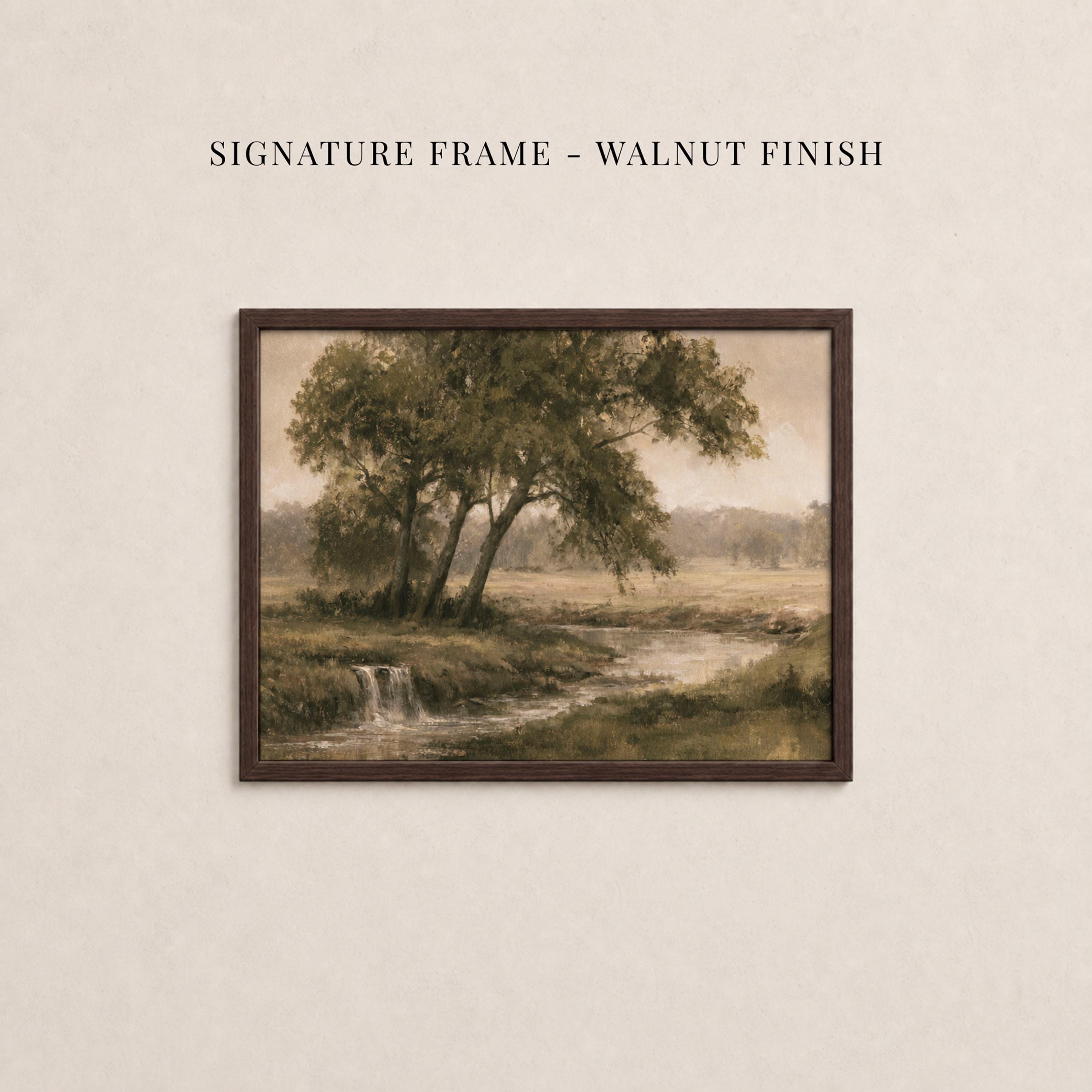 The image is a framed painting depicting a serene landscape with a tree, a stream, and a grassy field.