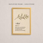 a framed print with a branch and leaves on it, along with a biblical verse from the book of John.