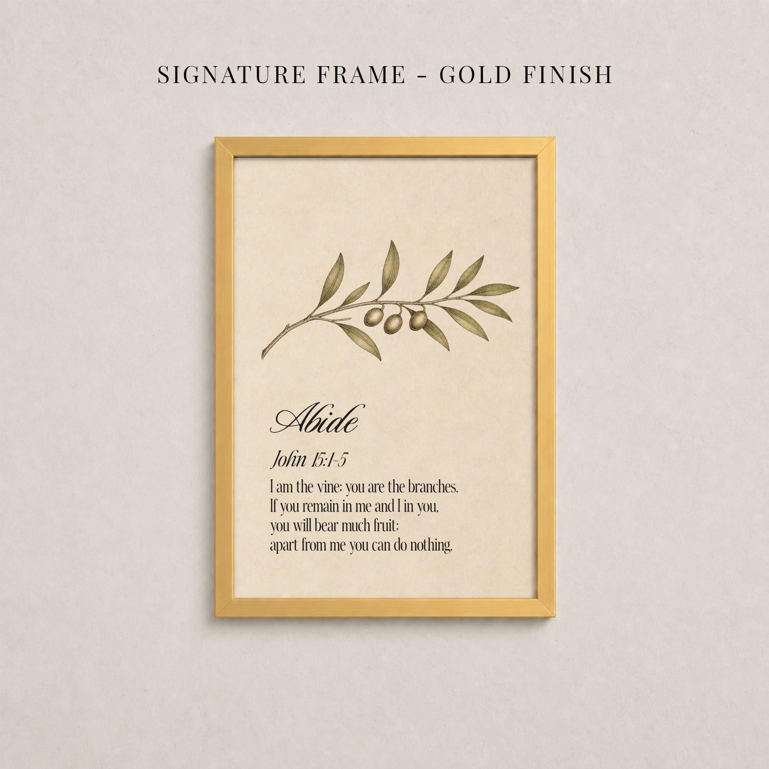 a framed print with a branch and leaves on it, along with a biblical verse from the book of John.