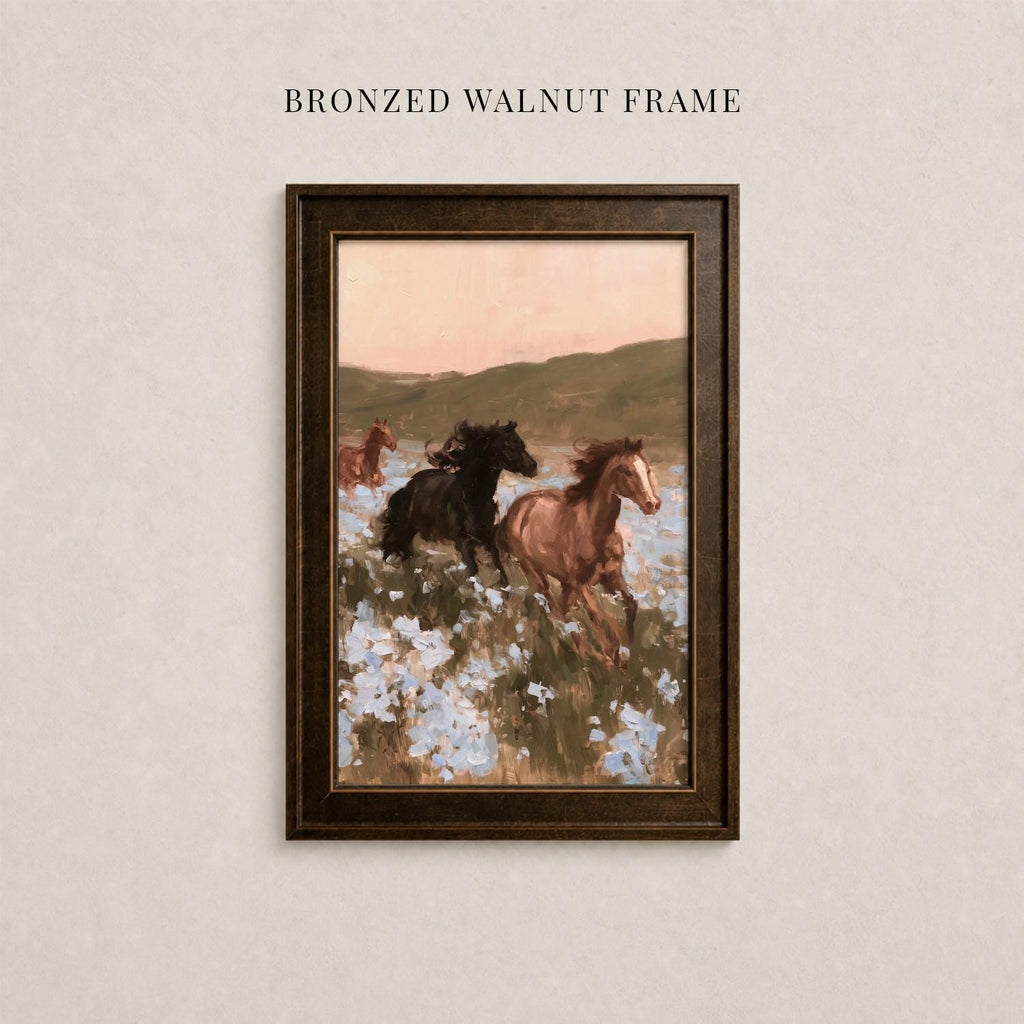 The image is a framed painting depicting three horses galloping through a field of flowers.