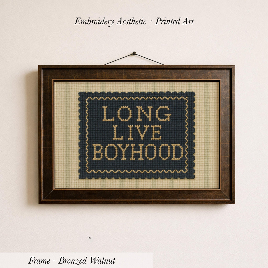 a framed embroidered piece of art with the text "LONG LIVE BOYHOOD" on it.