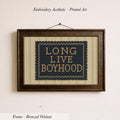 a framed embroidered piece of art with the text "LONG LIVE BOYHOOD" on it.