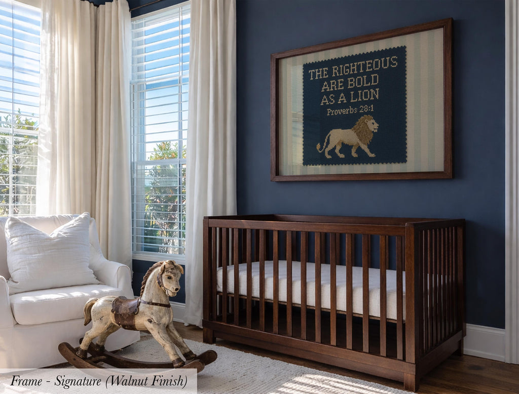 a nursery room with a wooden crib, a rocking horse, and a framed Bible verse on the wall.