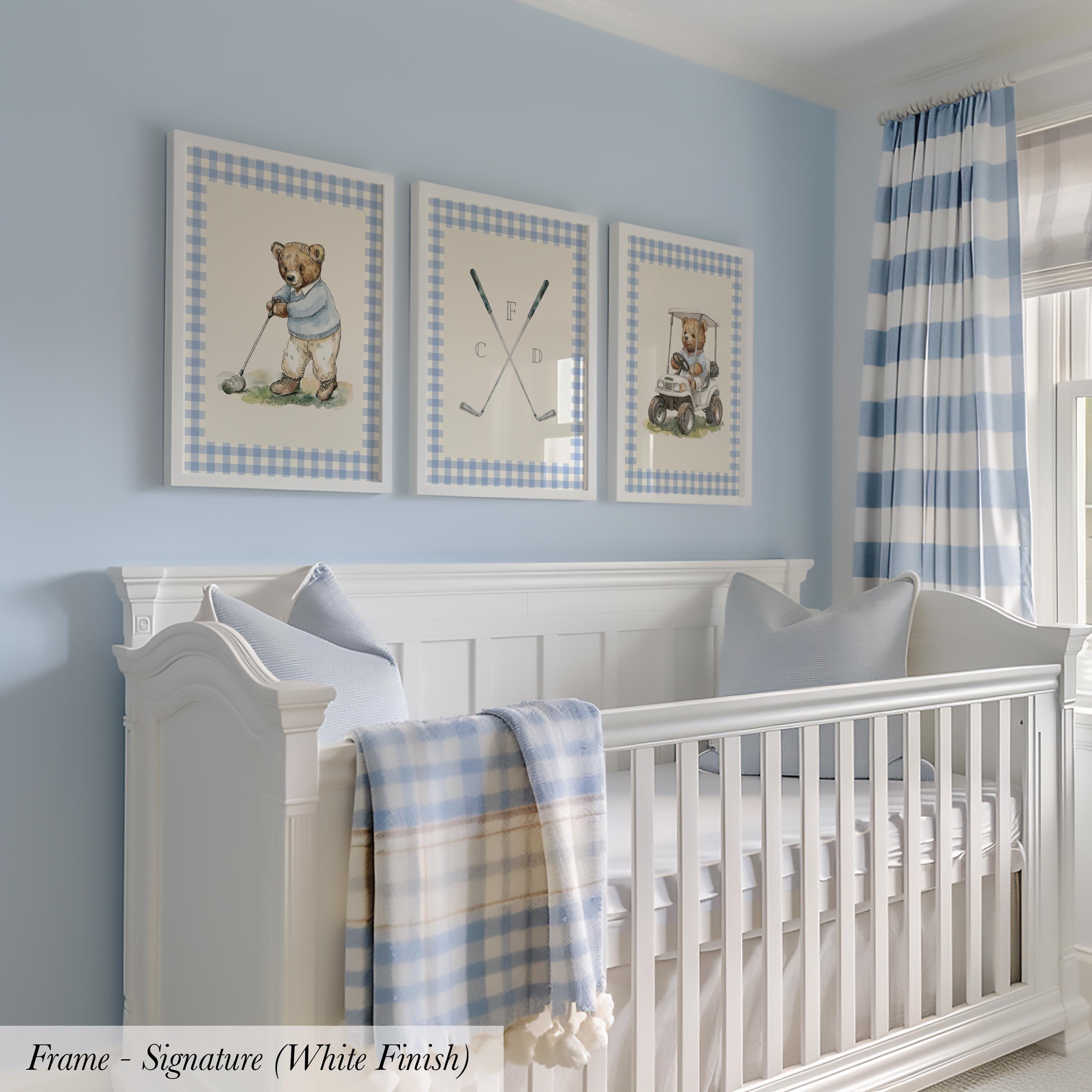 Boy's Golf Nursery Art - Set of 3 Prints Blue Plaid Teddy Bears | 2236