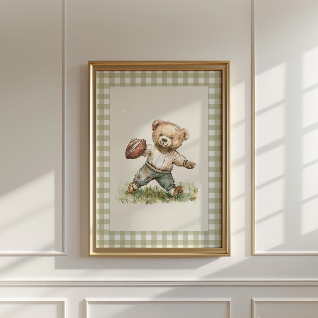 Vintage Football Teddy Bear Gingham Wall Art, Adorable Bear in Classic Football Uniform, Cute Decor for Kids Room, Nursery, Sports Fan Gift