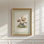 Vintage Football Teddy Bear Gingham Wall Art, Adorable Bear in Classic Football Uniform, Cute Decor for Kids Room, Nursery, Sports Fan Gift