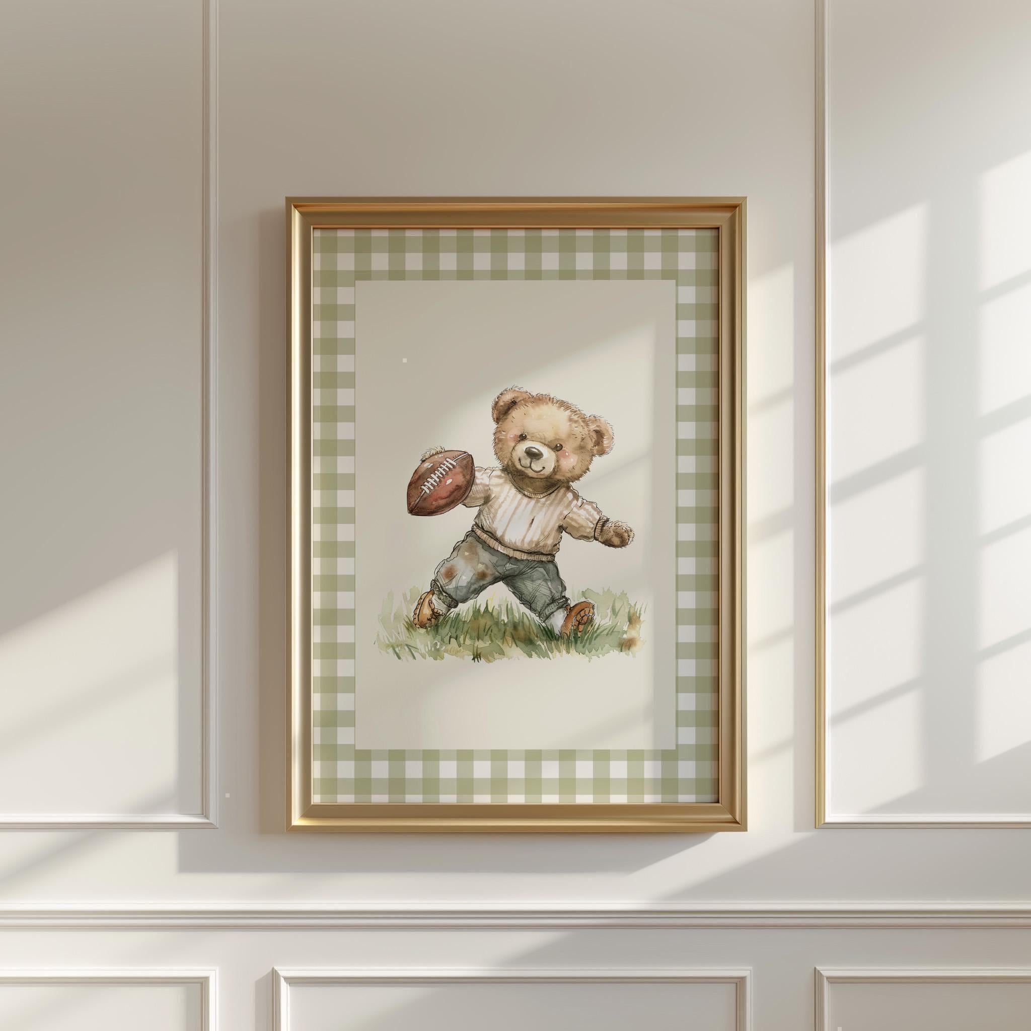 Vintage Football Teddy Bear Gingham Wall Art, Adorable Bear in Classic Football Uniform, Cute Decor for Kids Room, Nursery, Sports Fan Gift