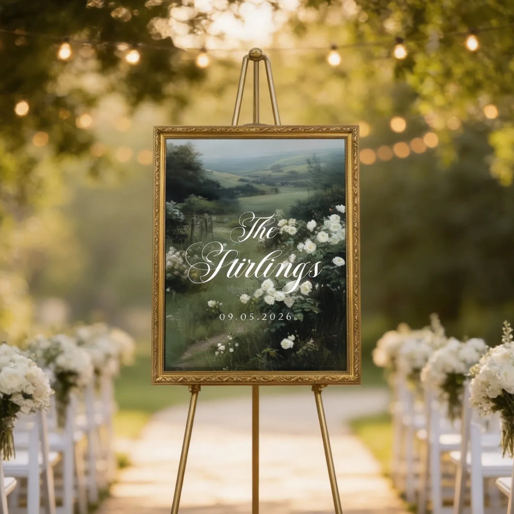 a wedding ceremony setup with a large framed sign displaying the names of the bride and groom, surrounded by white flowers and greenery. The sign is placed on a stone path, with rows of white chairs arranged in front of it. The scene is set against a backdrop of trees and string lights, creating a romantic and elegant atmosphere.