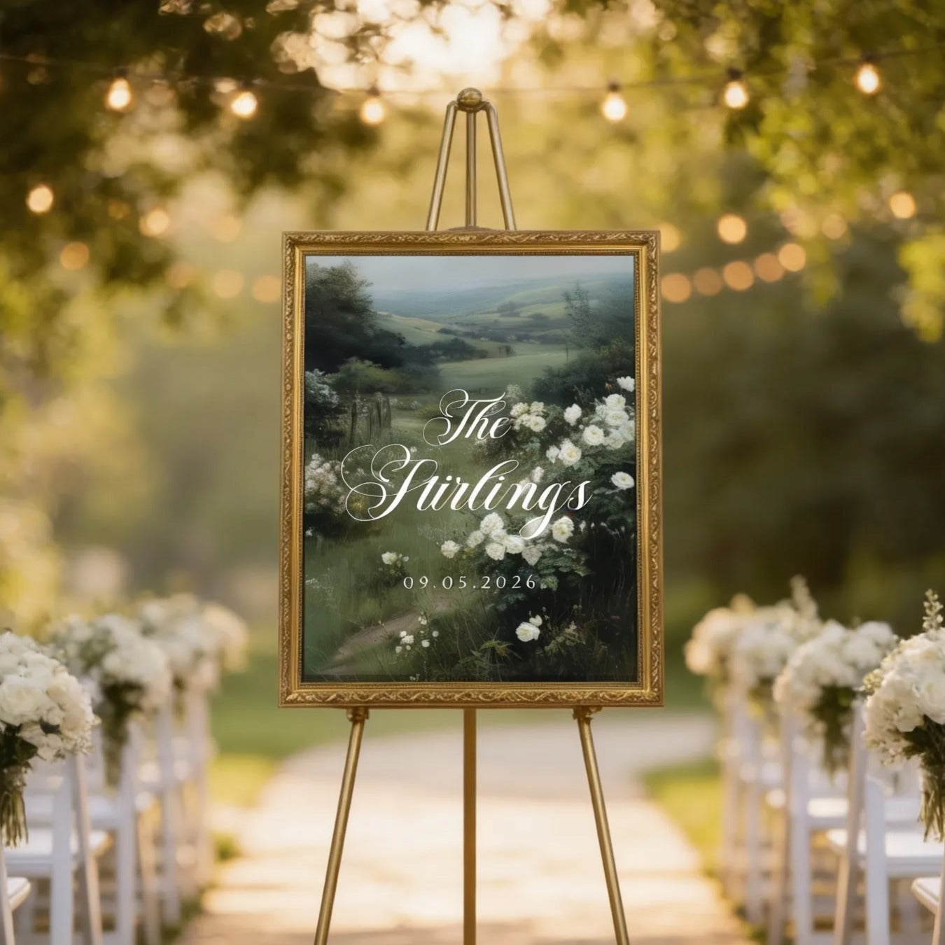 a wedding ceremony setup with a large framed sign displaying the names of the bride and groom, surrounded by white flowers and greenery. The sign is placed on a stone path, with rows of white chairs arranged in front of it. The scene is set against a backdrop of trees and string lights, creating a romantic and elegant atmosphere.