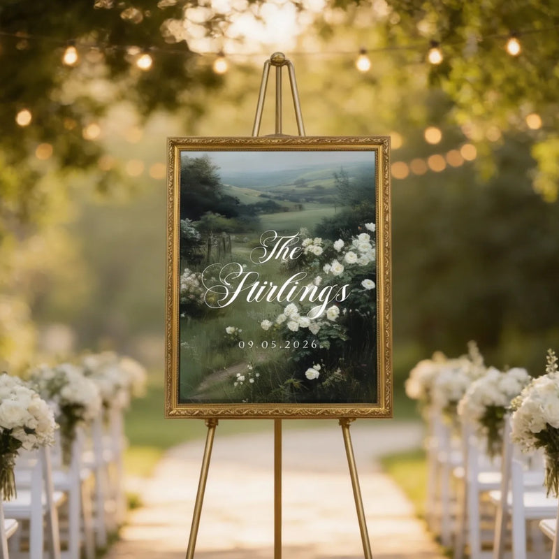 a wedding ceremony setup with a large framed sign displaying the names of the bride and groom, surrounded by white flowers and greenery. The sign is placed on a stone path, with rows of white chairs arranged in front of it. The scene is set against a backdrop of trees and string lights, creating a romantic and elegant atmosphere.
