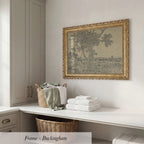a white shelf with a wicker basket and a stack of folded towels, along with a framed picture hanging on the wall above the shelf.