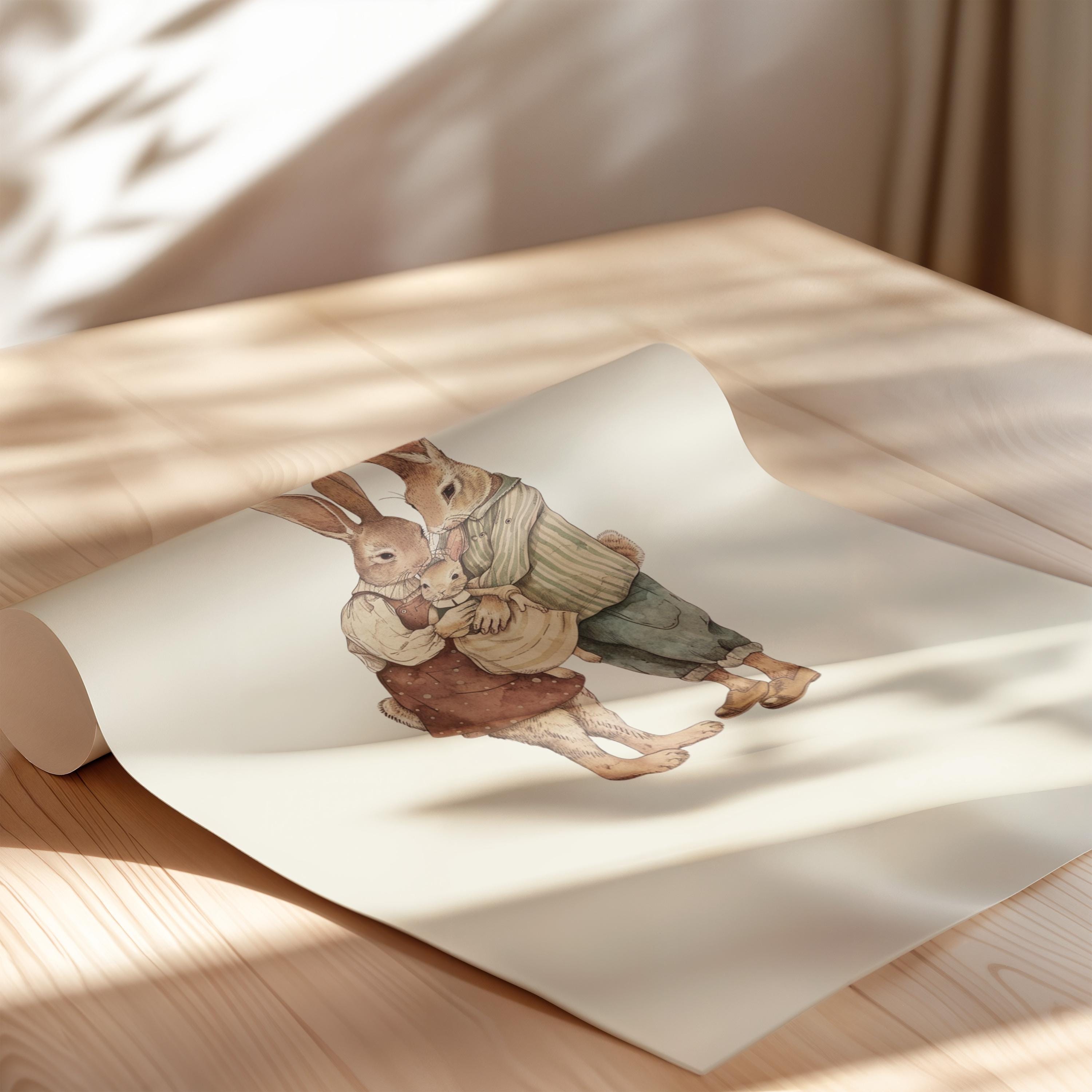 a painting of two rabbits, one brown and one white, sitting together on a wooden surface.