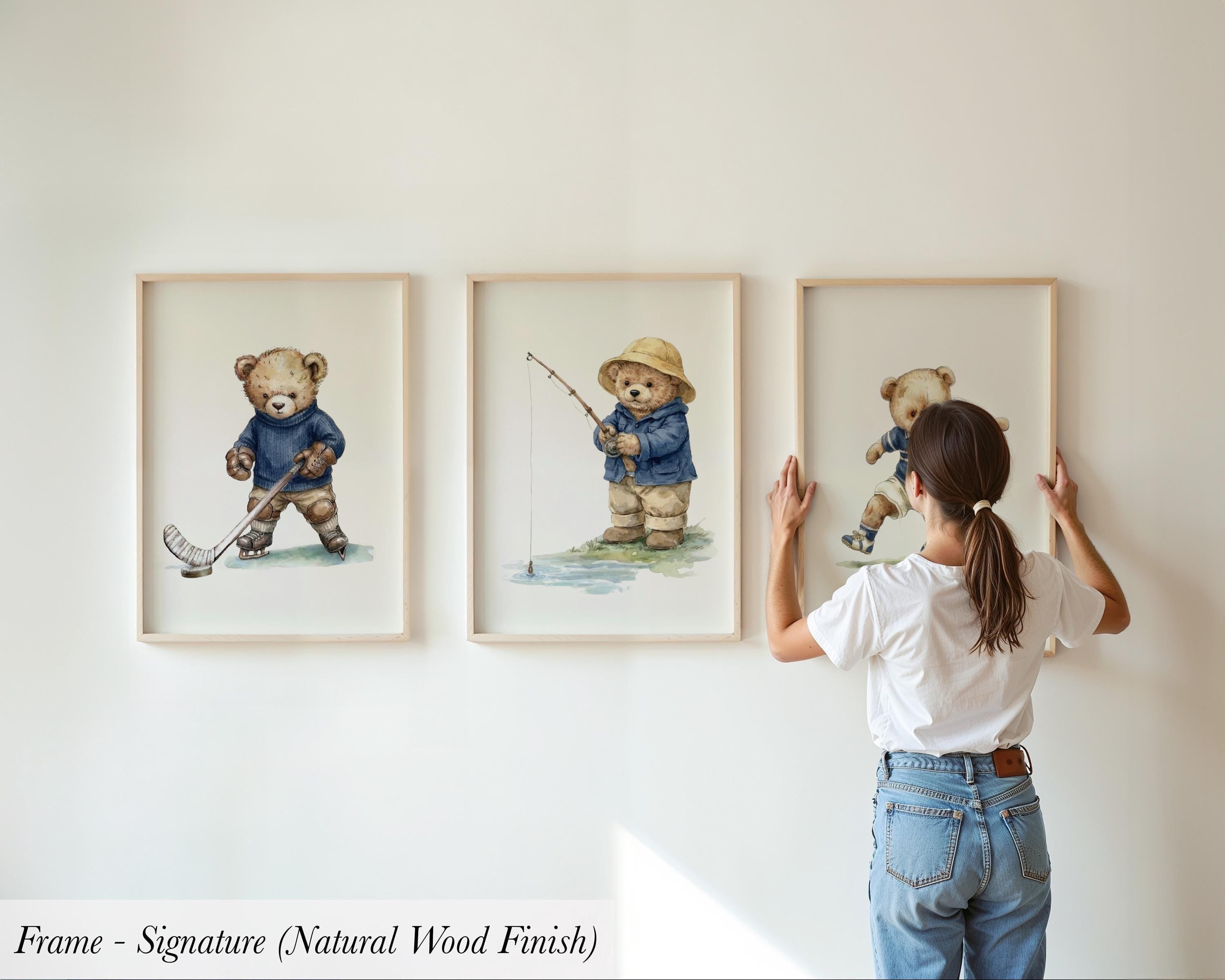 Vintage Sports Set of 3 Teddy Bear Prints in Navy Blue | 1898