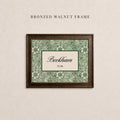 May include: A rectangular bronzed walnut frame containing a print with a green and cream floral pattern. The center features a cream rectangle with a dark green border, displaying the text Beckham and the smaller text EST. 2004 in black.