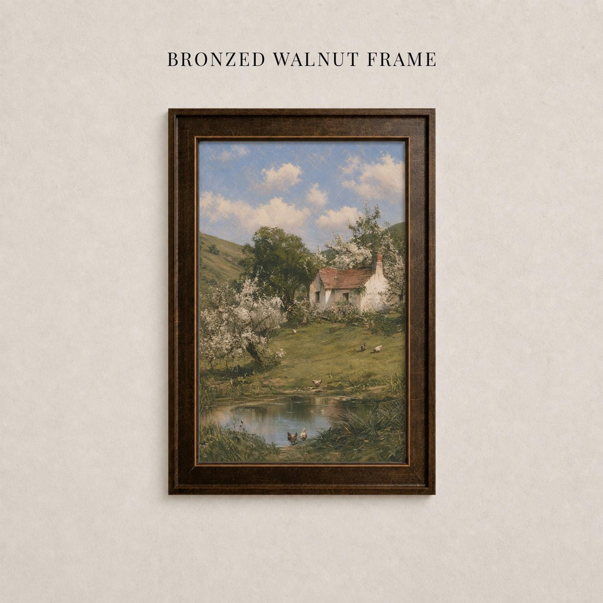 The image is a framed painting depicting a serene landscape with a pond, trees, and a house in the background.