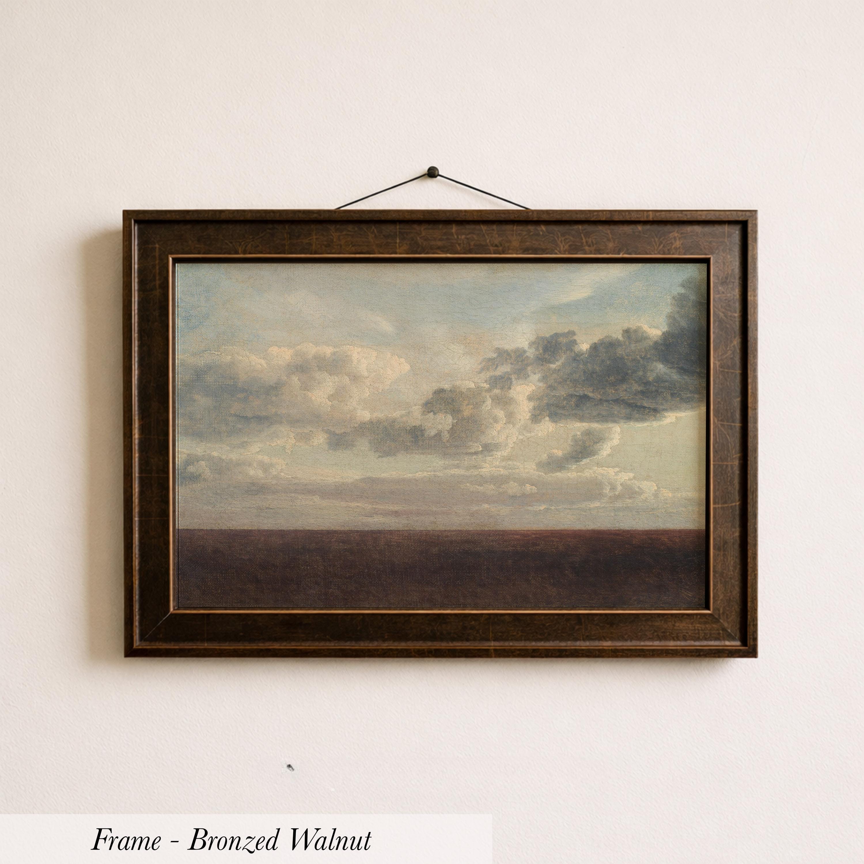 The image is a framed painting of a cloudy sky with a landscape in the background.