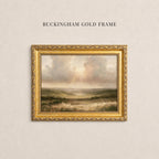 May include: A landscape painting in a decorative gold frame with the text BUCKINGHAM GOLD FRAME above it. The artwork depicts a grassy valley under a cloudy sky with light rays breaking through. The frame features an ornate, textured border.