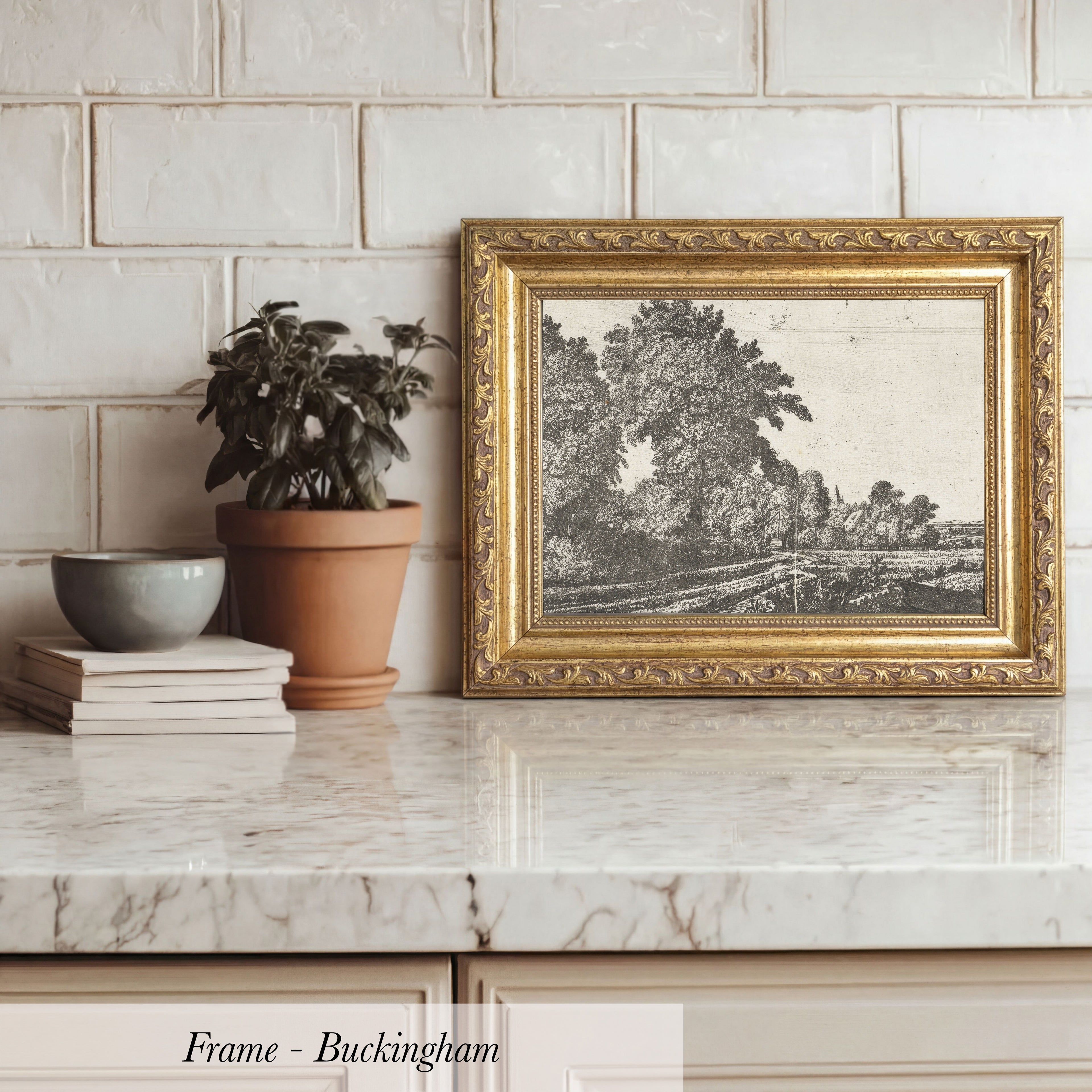 A framed black and white landscape painting is displayed on a marble countertop, accompanied by a potted plant, a stack of books, and a bowl.