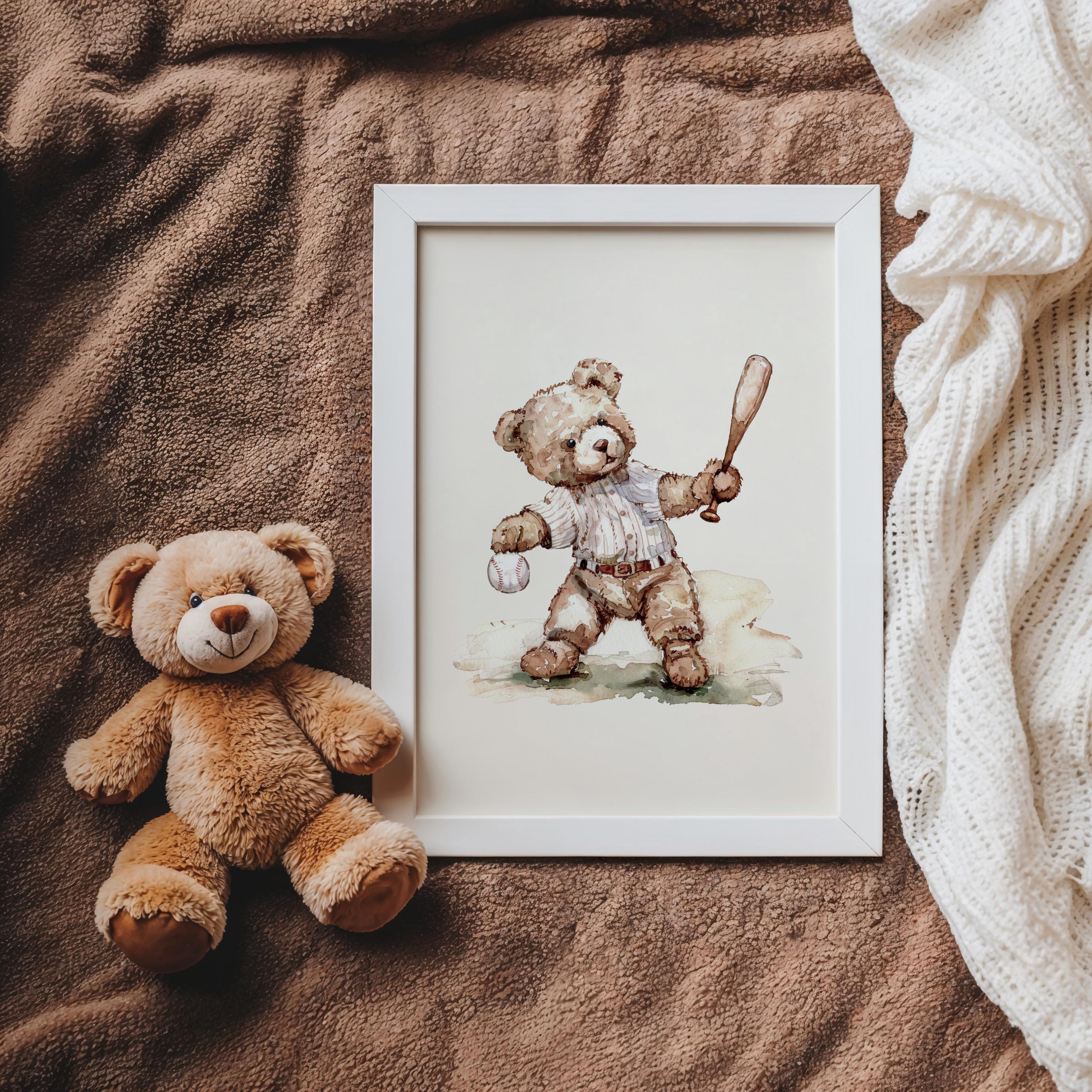 Vintage Baseball Teddy Bear Wall Art, Boy Baseball Nursery, Nursery Wallart, Sport Nursery, Vintage Boy Sport Nursery Teddy, Minimal,Gingham
