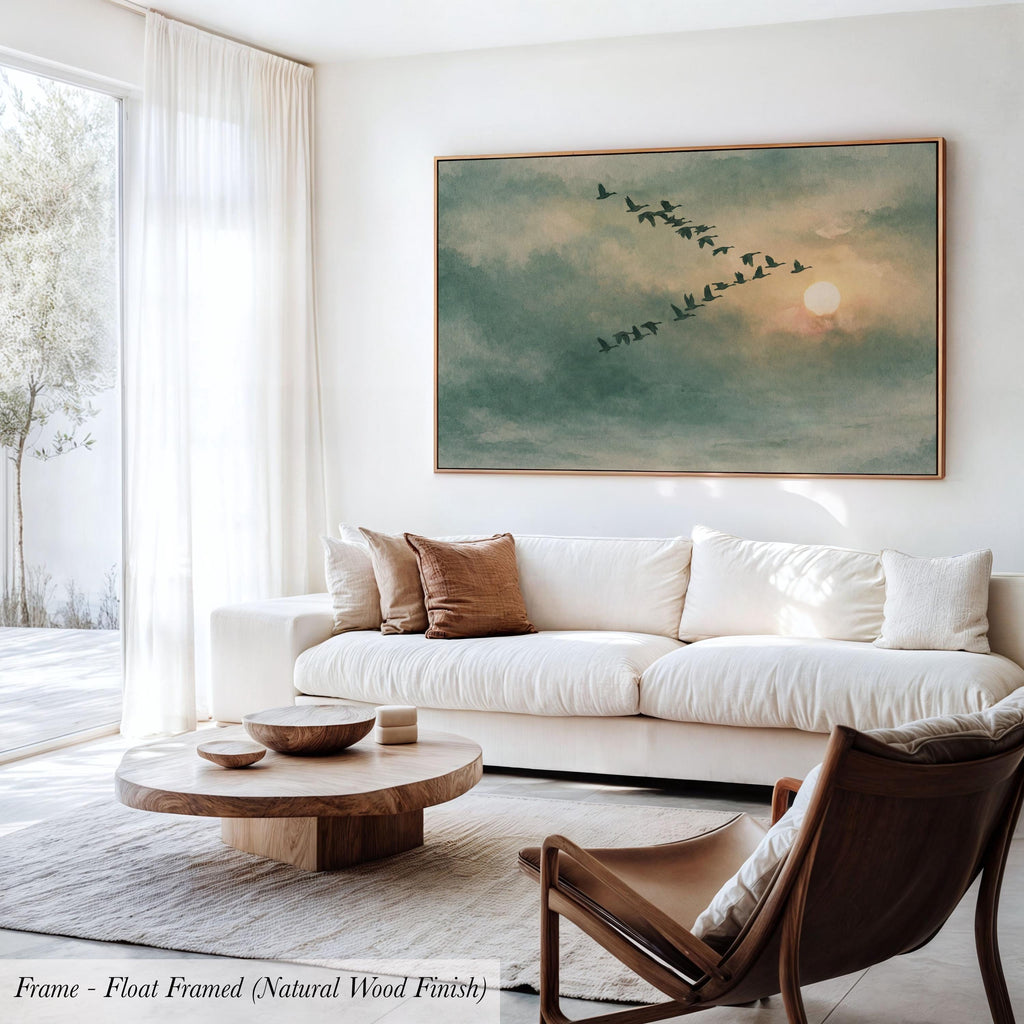 Framed Sage Green Japandi Flying Birds Canvas Wall Art Print | 2224