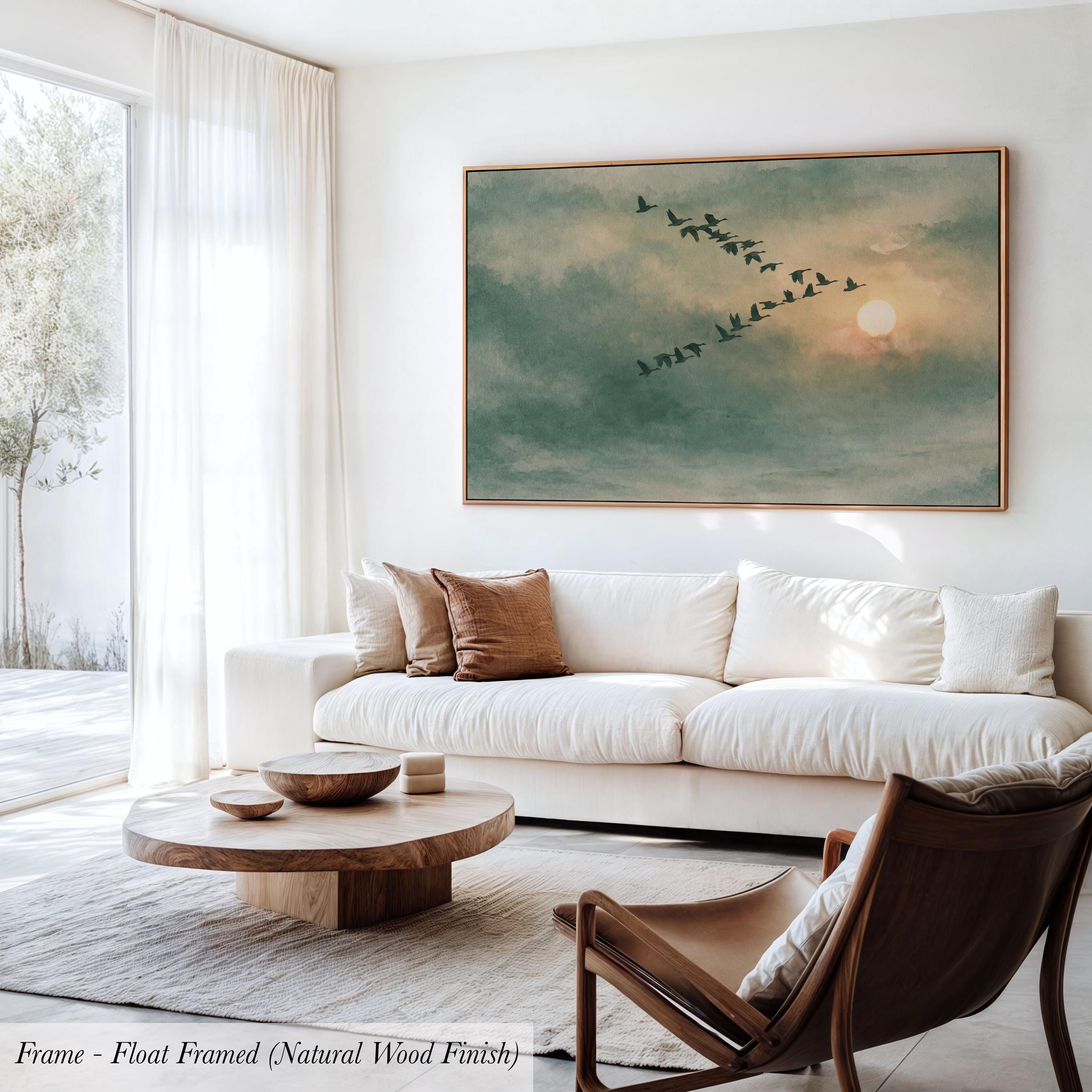 Framed Sage Green Japandi Flying Birds Canvas Wall Art Print | 2224
