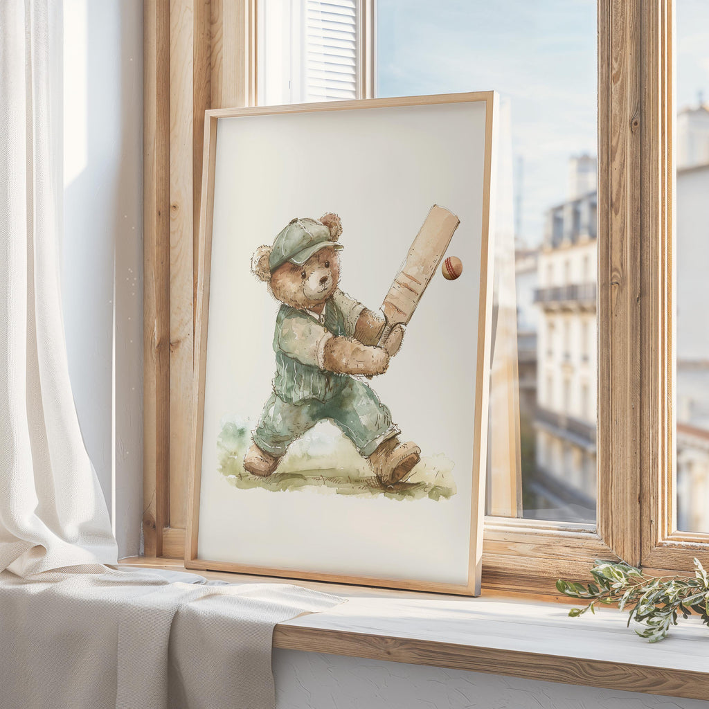Boy Cricket Nursery Art,Vintage Boy Nursery,Teddy Bear Cricket Print Nursery,Teddy Bear Art Kids Room,Minimal,Green,Digital,Printable,Framed