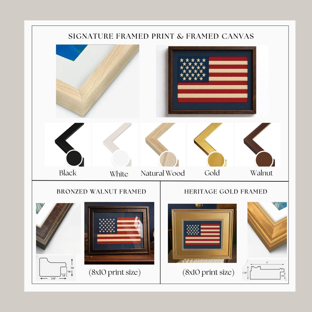 The image is a collage of various framed and float framed artworks, showcasing different color finishes, wood types, and print sizes.