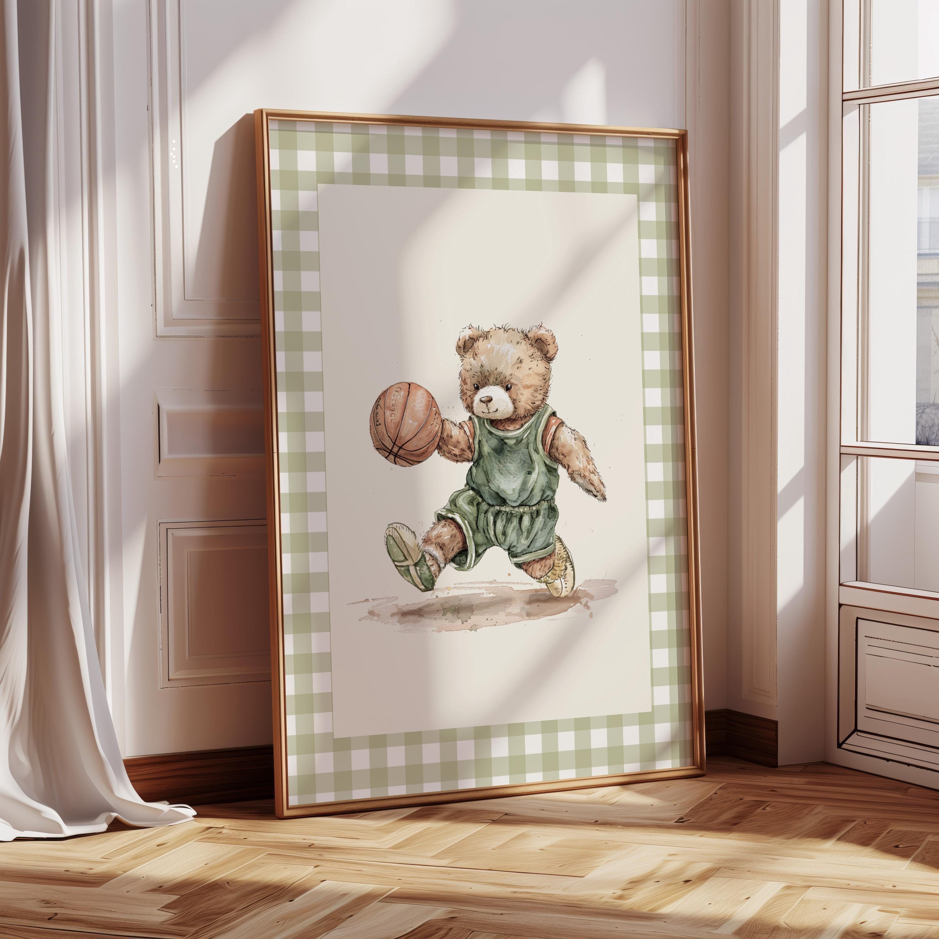 Set of 6 Vintage Teddy Bear Sports Wall Art, Babyshower Gift Boy, Watercolor Illustrations, Sports Nursery Theme Decor for Kids Room