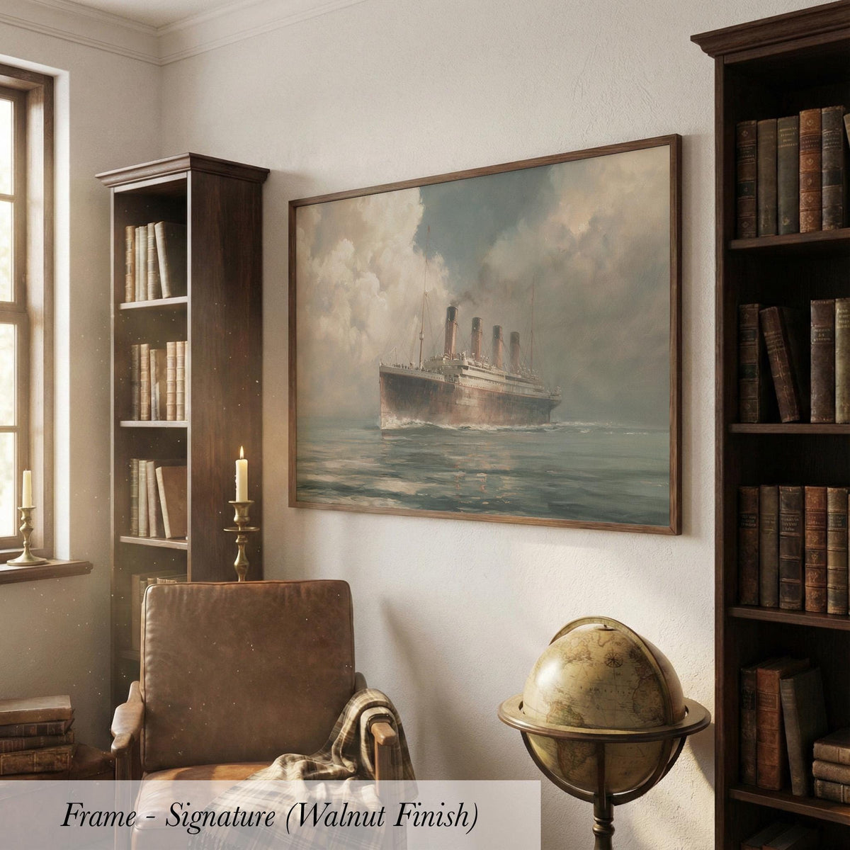 a large painting of a ship on the wall, surrounded by bookshelves and a globe, creating a nautical atmosphere in a room with a leather chair.