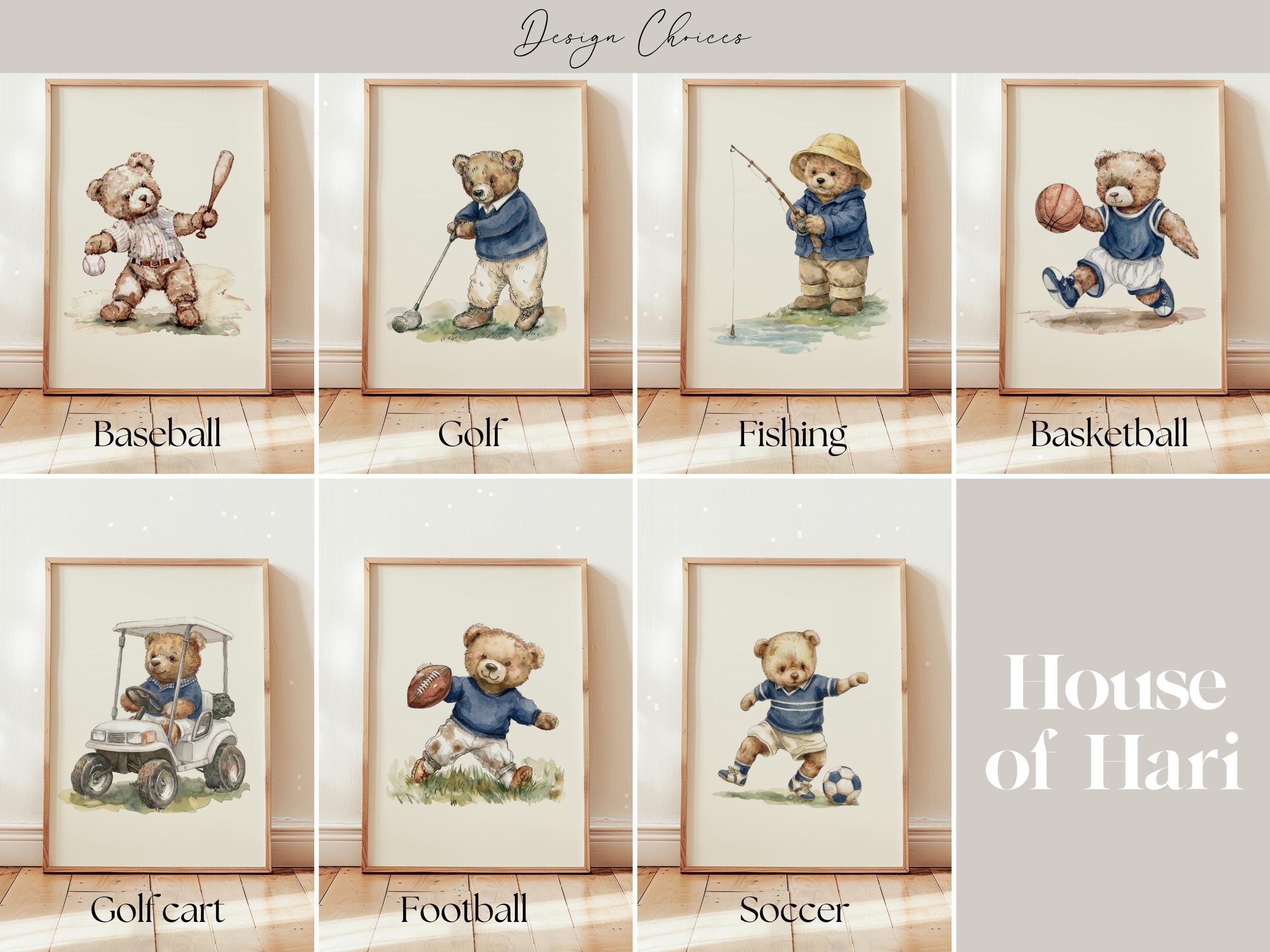 Vintage Sports Set of 3 Teddy Bear Prints in Navy Blue | 1898