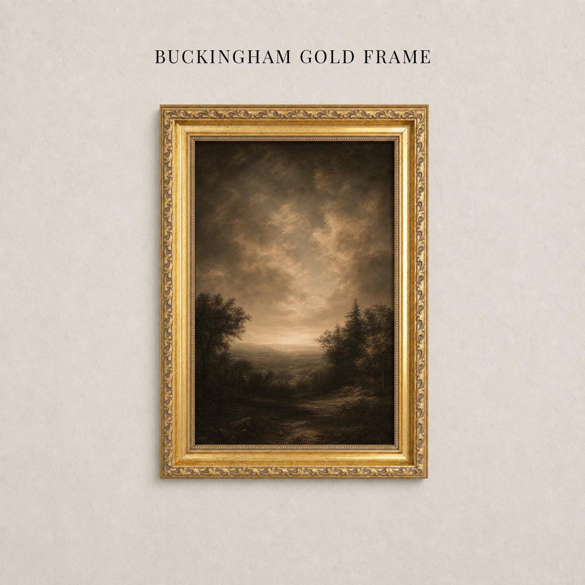 A painting of a landscape with trees and a cloudy sky is displayed in a gold-framed picture on a wall.