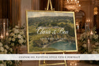 A large, ornate wedding portrait sign displaying a scenic landscape painting, with the names 'Clara & Ben' and the date 'September 12, 2026' prominently featured.