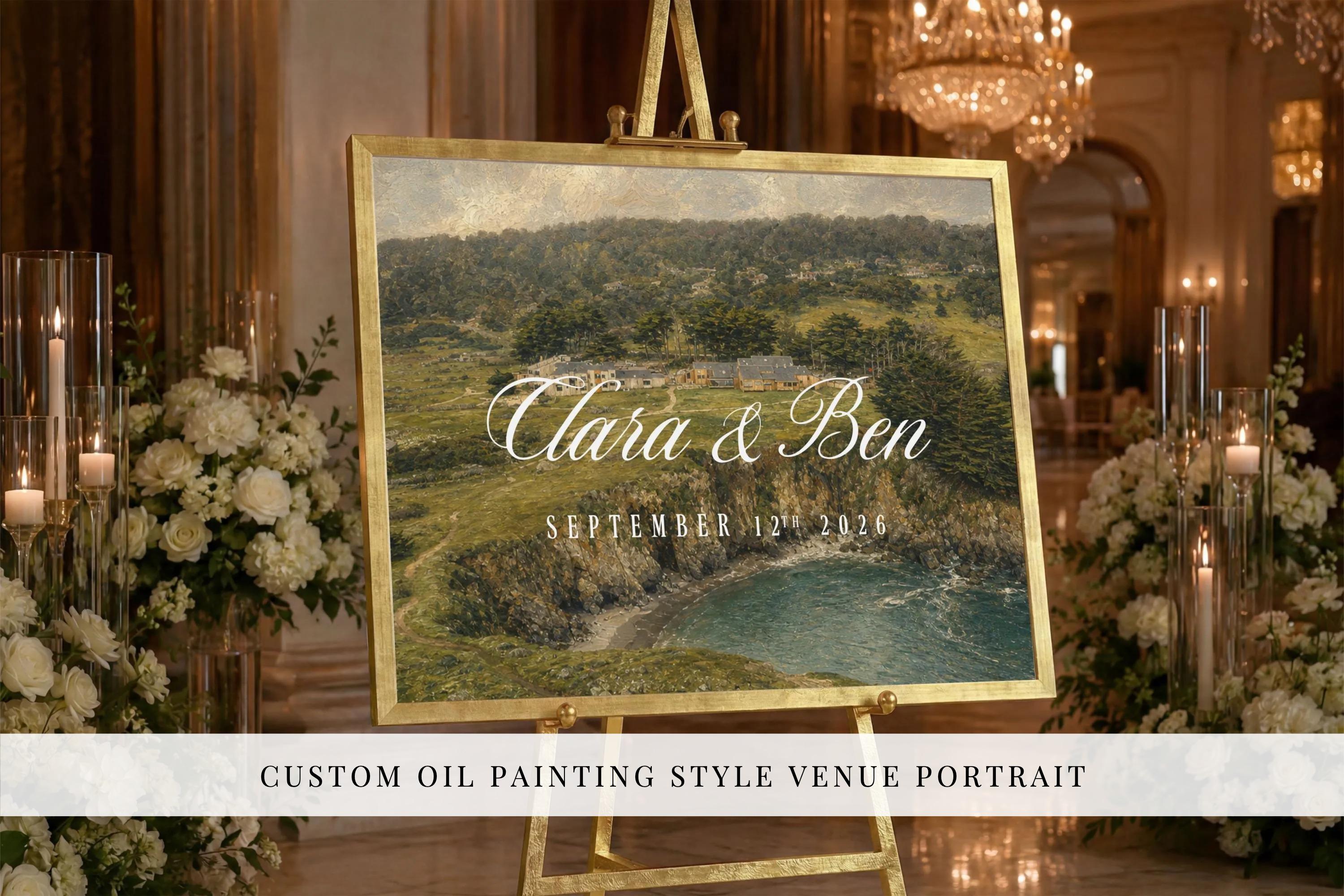 A large, ornate wedding portrait sign displaying a scenic landscape painting, with the names 'Clara & Ben' and the date 'September 12, 2026' prominently featured.